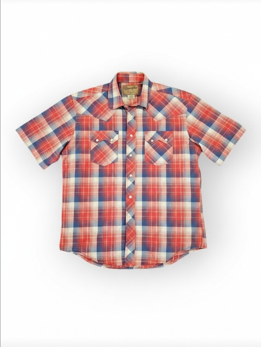 Wrangler Retro Pearl Snap Shirt Mens Large Regular Short Sleeve Plaid Red Blue